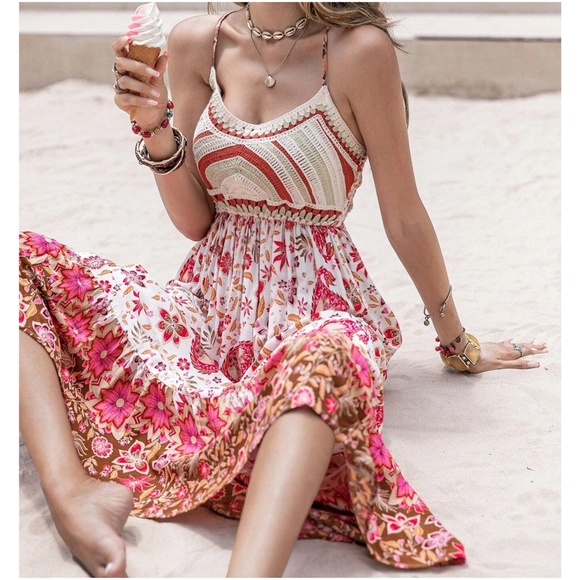 029 Boho Floral Print Cami Cottagecore Maxi Dress - Picture 3 of 4